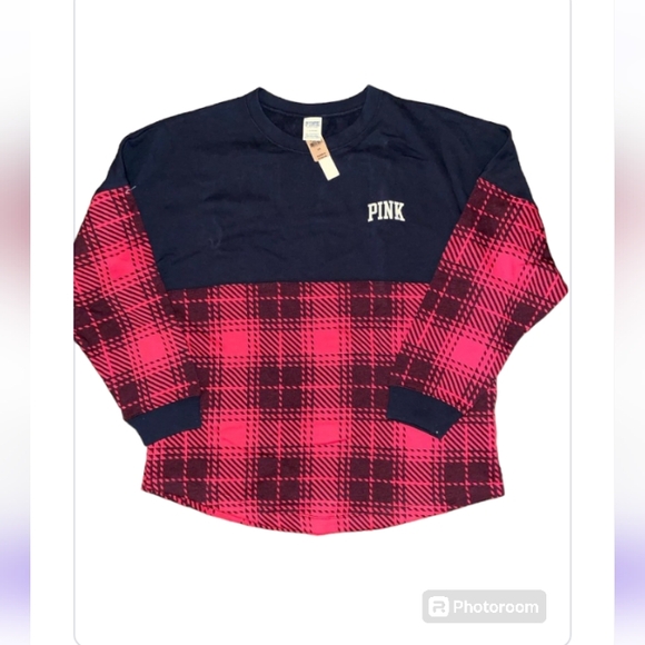 PINK VS Varsity Crewneck Sweatshirt Pure Black Plaid NWT - Picture 2 of 7